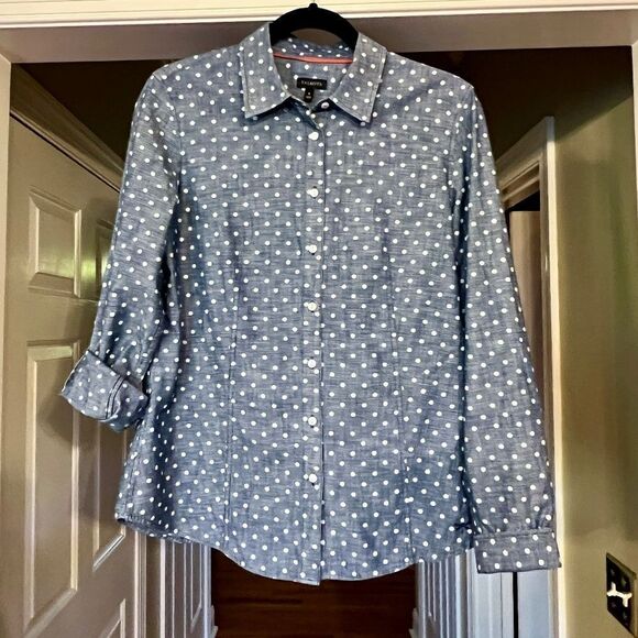 Talbots Tops - NWOT Women's Talbots Chambray Blue White Polka Dot Button Front Shirt Size 8